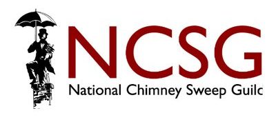 logo of the National Chimney Sweep Guild. The logo is a man with an umbrella climbing out the chimney and the acronym to the right of the image.
